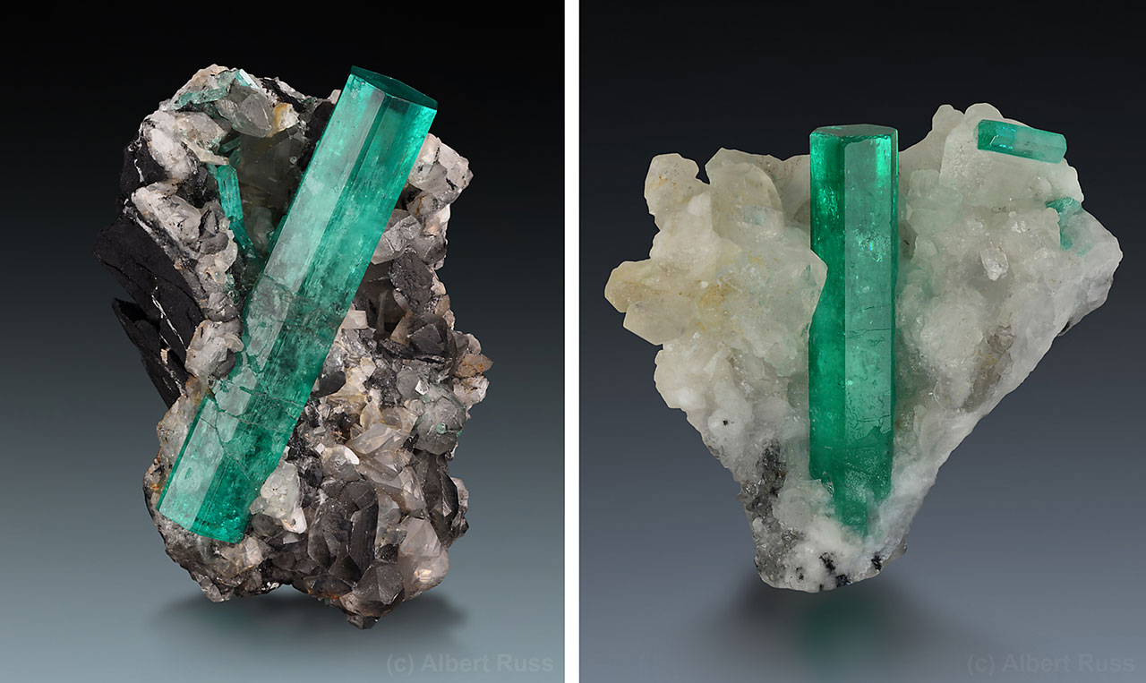 Dlouze prizmatické drahokamové krystaly smaragdu s kalcitem z Kolumbie