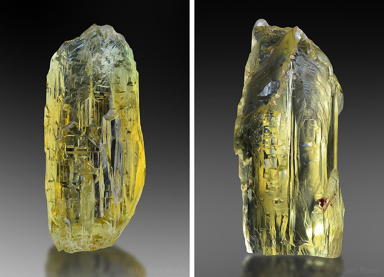 Klasické ukázky drahokamových korodovaných krystalů heliodoru z pegmatitů u Volyně, Ukrajina